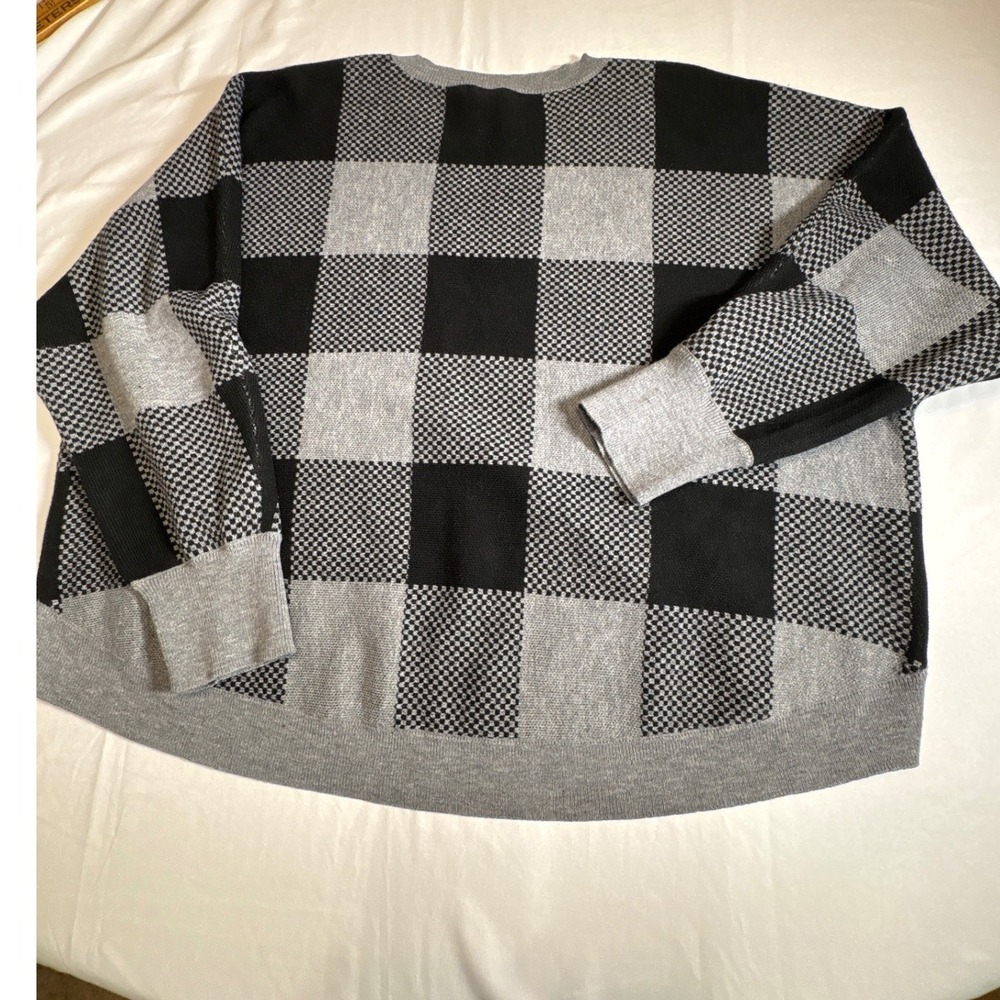 Design History Grey Black Checkered Buffalo Plaid Crewneck Sweater Plus Size 3X
